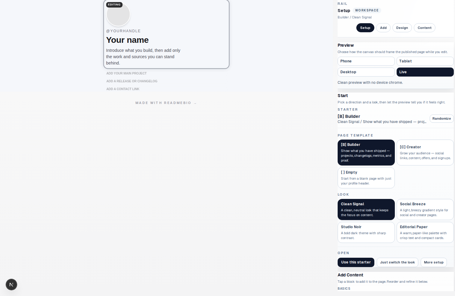 ReadmeBio editing canvas with profile controls and a live page preview
