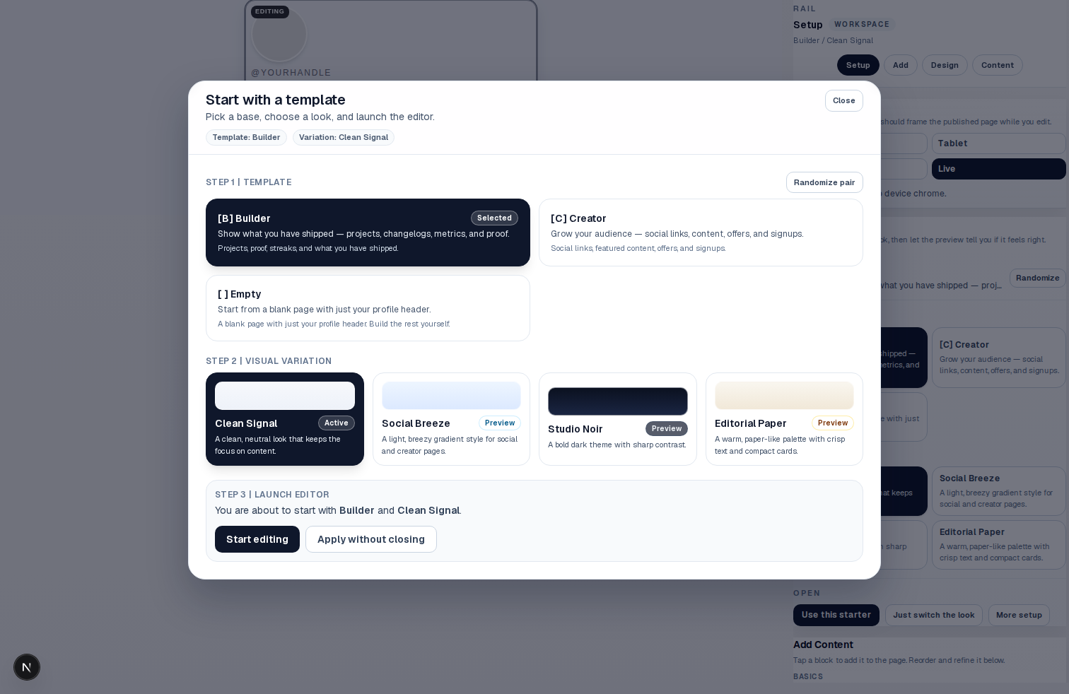 ReadmeBio setup flow for choosing a profile direction