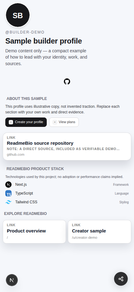 Published ReadmeBio profile on a mobile-width page